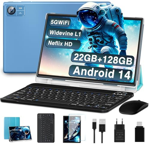 SUAAT Tablet 2025 Newest Android 14 Tableta 10 Pulgadas 22GB RAM+128GB ROM/1TB TF, Octa-Core, WiFi 5G, Bluetooth 5.0, 8000mAh, GMS Certified, 8MP+5MP, Tablet PC con Funda, Teclado y Ratón - Azul