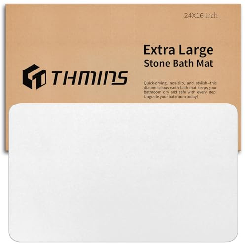 THMINS Stein-Badematte aus Kieselgur für Dusche, 60 x 40 cm, Weiß | Stark saugfähig, schnelltrocknend, rutschfeste Unterlage, pflegeleicht, für Dusche und Badezimmer