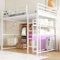 Luxeza Cama alta, cama de metal, con luces LED, escritorio, 1 cajón, estantes, barandilla, escalera, sin colchón (blanco, 140 x 200 cm)