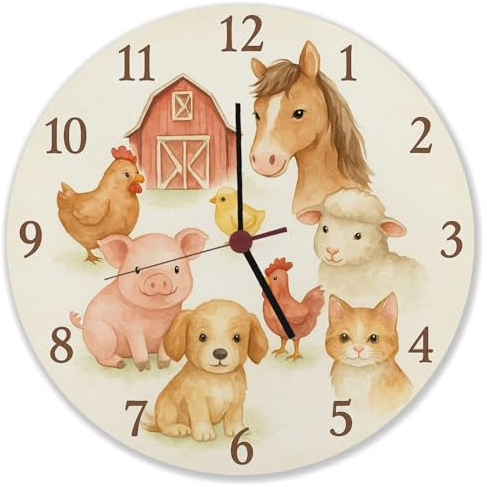 speecheese Bauernhoftiere Aquarellstil Wanduhr für Kinderzimmer lustige Tiermotive für kindgerechte Dekoration