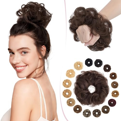 SEGO Pro Haarteil Mit Gummiband Echthaar Dutt Haarteil Echthaar Haargummi Mit Haaren Locken Hair Messy Bun Hochsteckfrisuren Haarverlängerung für Damen Mädchen 17g - Gelockt Dunkelbraun#2