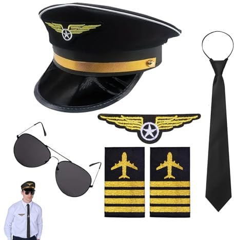 BICUIYIT Pilot Kapitän Kostüm Zubehör, Flieger Kapitän Verkleidung Accessoires with Captain Hat, Epaulets, Glasses & Tie, Perfect for Carnival, Theme Parties & Costume Balls (Schwarz)