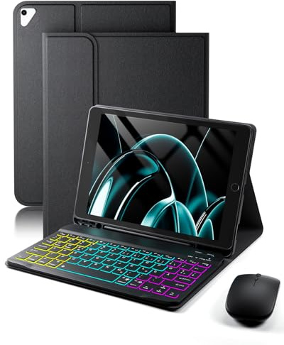 für iPad 6 Generation(2018)/ iPad 5 Generation(2017)/IPad Pro 9.7 (2016)/ IPad Air 2 (2014) 9.7 Zoll Hülle mit Kabelloses Bluetooth Deutsch (QWERTZ) Beleuchtete Tastatur und Maus,Backlit Keyboard Case