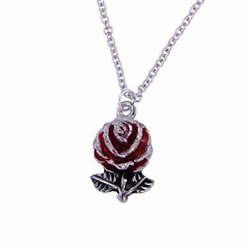 St Justin Pewter Red Enamel Rose Flower Pendant Necklace