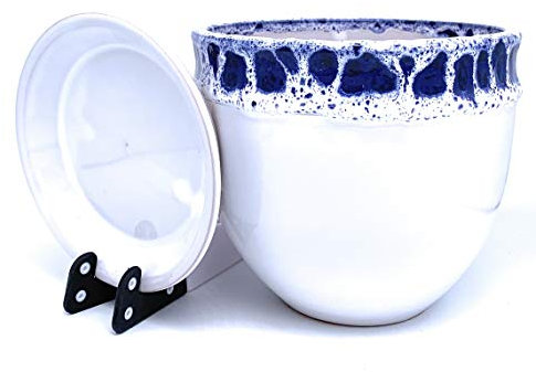 Sun Cakes Bella Pot de Fleurs Rond en céramique émaillée avec Soucoupe et bac d'égouttement Couleur Argile 26 x 22 cm Blanc/Bleu