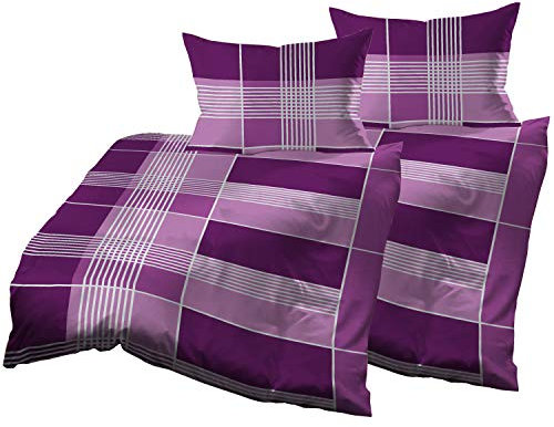 Gerald Wittmann 4 Pezzi Set Copripiumino Pique, 100% Cotone, Biancheria da Letto Singolo, Strisce y Scacchi, Lilla/Porpora/Víola Rosa Grigio, 2X 140x200 cm + 2X 70x90 cm