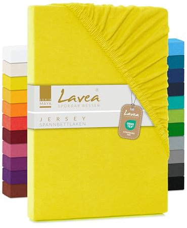Lavea Spannbettlaken 180x200cm-200x200 - aus atmungsaktiver Baumwolle - Passgenau für Standardmatratzen bis 20cm - Sonnengelbes Bettlaken mit Gummizug - Jersey Spannbetttuch 180x200cm-200x200