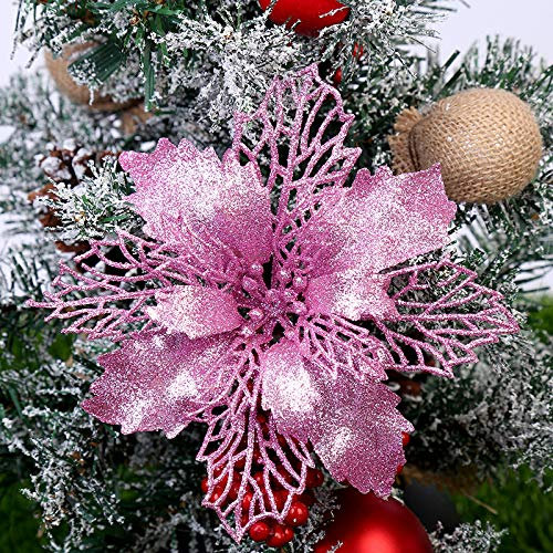 Yueshop 10 PCS Christmas Flowers Large (15CM) Poinsettia Glitter Flower Christmas Tree Hanging Party Xmas Decor(Pink)