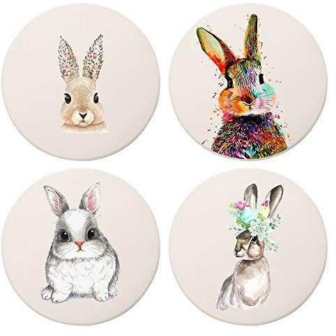 MAYCARI Watercolor Rabbit Coasters Set of 4 with Cork Base Protection, Personalised Round Drink Absorbent Stone Coasters Mug Set for Kinds of Mugs and Cups