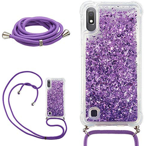 DasKAn Glitzer Flüssig Durchsichtig Hülle für Samsung Galaxy A10 mit Handykette, Glänzend Treibsand Luftkissen Weich Gummi Stoßstange Handyhülle Stoßfest Silicone TPU Schutzhülle, Lila