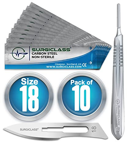 Scalpel Blades # 18 Carbon Steel Non Sterile Scalpel Surgical Blades Pack of 10 and Steel Handle for Wood Art, Surgical, Sculpting, Repairs, Lab Anatomy, Sign, Card Making Lab Training SURGIBL18-10