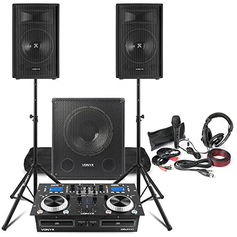 Vonyx Complete DJ Starter Kit with 10 Passive Speakers, 15 Subwoofer, Dual CD Mixer Amplifier, Bluetooth, Microphone, Headphones & Stands - DJ Equipment Packages & PA Systems for DJs
