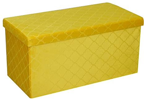 Folding Storage Ottoman Velvet Lattice Storage Box Pressed Velvet Seat Stool Chair Footstool Pouffe Bench (76cm x 38cm, Ochre)