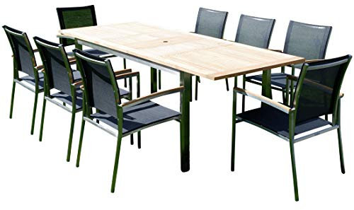 ALEOS. Gartengarnitur Edelstahl Batyline A-Grade Teak Holz Set: Ausziehtisch 160/220 x 90 cm + 8 Sessel Serie Kuba-SCHWARZ Gastroqualität