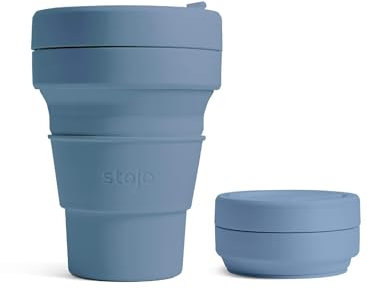 STOJO On-The-Go Mini tasse pliable pour enfant – 237 ml – Tasse de voyage réutilisable et pliable en silicone avec couvercle et paille – Portable, format de poche, passe au lave-vaisselle, bleu acier