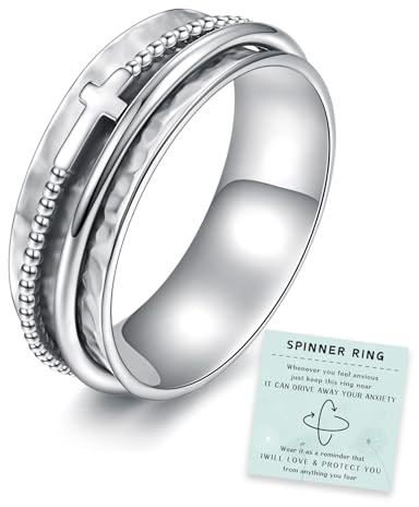 Sariel Cross Anxiety Ring for Women - 925 Sterling Silver Spinner Rings Anti Stress Fidget Rings Band Wide Hammered (Silver, 10)