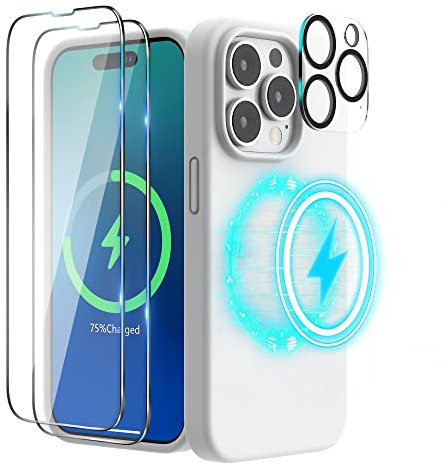 SURPHY Magnetic Case Designed for iPhone 14 Pro Max Case, Liquid Silicone with 2 Pack Screen Protector + 1 Pack Lens Protector, Compatible with MagSafe for iPhone 14 Pro Max 6.7 inch, White
