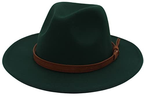 Faringoto Fedora Hut Damen Wollfilz Vintage Kirche Damen Hut Unisex breite Krempe, dunkelgrün, M