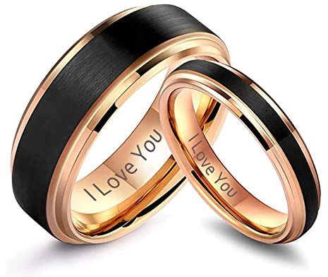 Fedi nuziali per lui/lei, anelli in tungsteno da donna, 2 pezzi, 6 mm, 8 mm, nero oro rosa opaco, finitura satinata con bordo a gradini, taglia da donna R 1/2 uomo T 1/2, Women R 1/2+Men T 1/2, Oro