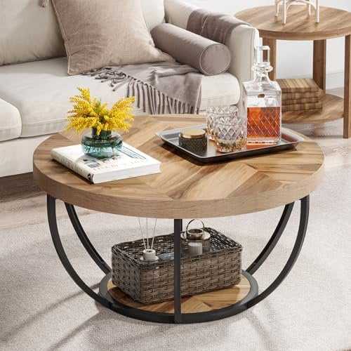 Tribesigns Round Coffee Table, Industrial 2-Tier Circle Coffee Table with Storage Shelves, Modern Wooden Accent Center Table Sofa Side Table for Living Room, Wooden Grain and Black
