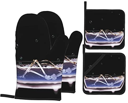 Lot de 4 gants de cuisine et maniques imprimés drôles de crâne dans la baignoire résistants à la chaleur