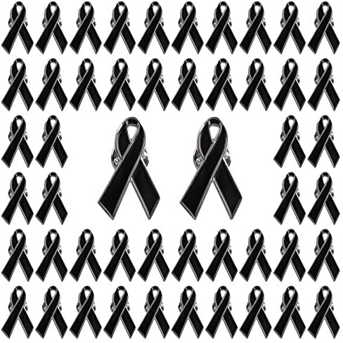 WANDIC Épingles à Ruban Noir, 50 Pcs 1.18 * 0.7 Pouces Argent Dos Noir Broches Classiques Épingles de Sensibilisation au Mélanome Premium Ruban Broche Badges pour Deuil Cadeaux du Jour du Souvenir