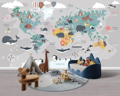 MWSSEGGE Papier Peint Panoramique Enfant, Monde Carte Animale Papier Peint Intissé, animaux, Avion, Ballons, Papier Peint Enfant Garçon Décoration Murale (200x150 cm,D)