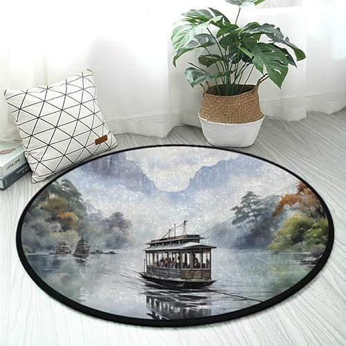 DNOVING Tapis rond de qualité supérieure de 0,9 m, style peinture chinoise, doux, antidérapant, idéal pour cuisine, salon, chambre à coucher, lavable et durable