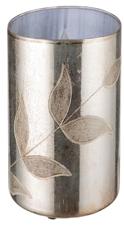 GILDE Windlicht Bosque aus Glas - silberfarben - antikfinish - Höhe 33cm x Ø 18cm - Blattmotiv - zylindrisch - Kerzenleuchter