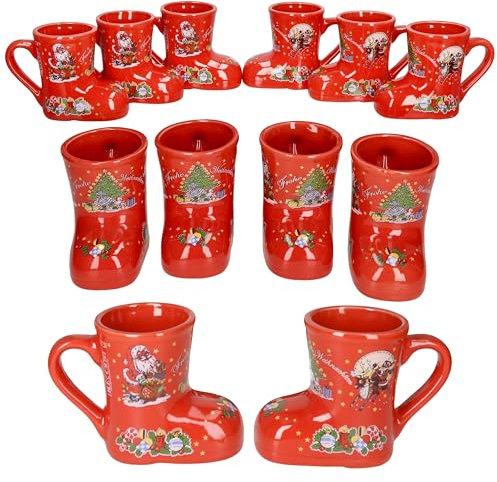 MamboCat 12er Set Glühweinstiefel rot mit Henkel I 200ml geeicht I Glühweinbecher mit Weihnachtsdekor & Schriftzug für 12 Personen I Keramik-Tasse für Tee, Eierlikör, Feuerzangenbowle