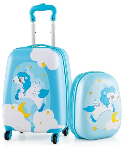 DREAMADE 2 TLG. Kinderkoffer & Rucksack, 16” +12” Kinderkofferset, Kindertrolley Kindergepäck, Handgepäck Reisegepäck Hartschalenkoffer für Kinder (Blau-Einhorn2, 16 Zoll +12 Zoll)