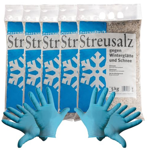 Oppenhäuser Lot de 5 sels de déneigement à gros grains 5 kg + 2 paires de gants jetables en nitrile