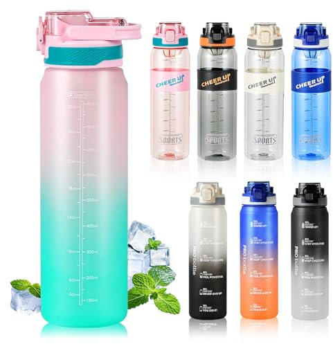 SEASEVEN Sports Water Bottle 1L,Plastic Drinks Bottle,1 Litre Water Bottles with Time Markings,Waterbottle Leak-Proof & Bpa-Free for Gym,Office, Outdoor(No Straw) (Pink-Cyan)