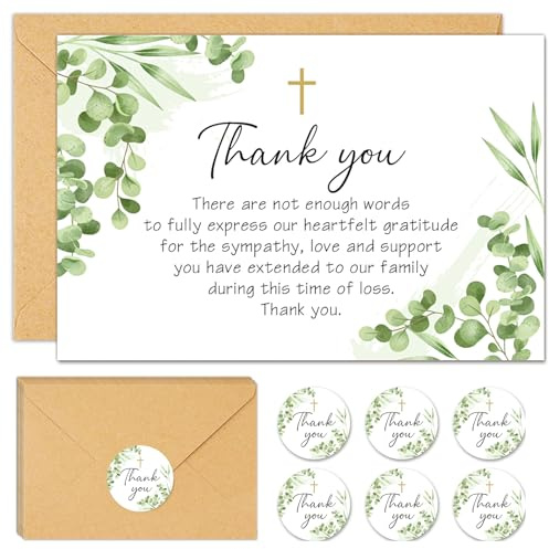 BYBOUS 50Pcs Funeral Sympathy Thank You Cards with Envelopes and Matching Seal Stickers, Green Leaf Cross Bereavement Card with Message for Memorial Service Loved Ones Celebration of Life