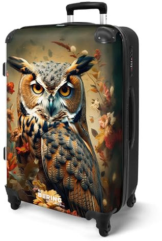 NoBoringSuitcases.com® Koffer Mittelgroß 67x43x25 cm Hartschalenkoffer L Trolley Rollkoffer 4 Rollen Leicht Hartschale Mittel Groß Eule - Blumen - Orange