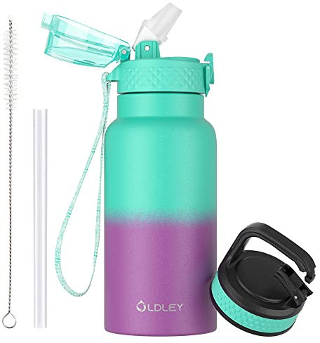 OLDLEY 500ml/17oz Kids Stainless Steel Insulated Water Bottle with Straw Double Wall Metal Vacuum Leakproof Small Flask with 2 Different Lids Hot Cold Drinks for Kids Boys Girls (Green-Purple)