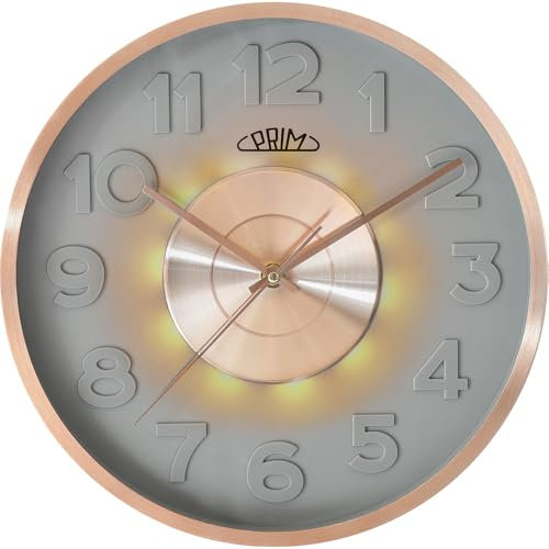 PRIM Sensation Leuchtende Design Kunstoff Wanduhr, Rose Gold/Grau, Licht- und Geräusch-Sensor, Quarz-Uhrwerk Sweep, Modern, Light Clock, Wand-Dekoration für jeden Raum Wohnzimmer, Küche, Büro