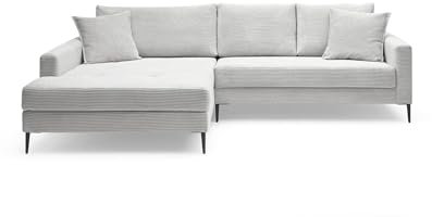 Liadomo Sofa Hilary Dove, modernes Ecksofa, Cordbezug in Hellgrau, Ottomane Links, Couch mit hohem Sitzkomfort, pflegeleicht & formstabil, Metallfüße, Sofa in L-Form Links, Made in Europe