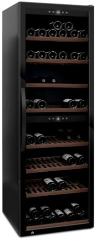mQuvée Cave à vin à pose libre, WineExpert 180 Fullglass Black, cave à vin noire, 180 bouteilles, deux zones de température, huit clayettes en bois, porte anti-UV
