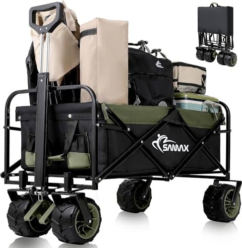 SAMAX Bollerwagen Handwagen Gartenwagen Strandwagen bis 200 kg - Klappbar Faltbarer Bollerwagen Transportwagen - Camping Edition Schwarz/Matcha Grün
