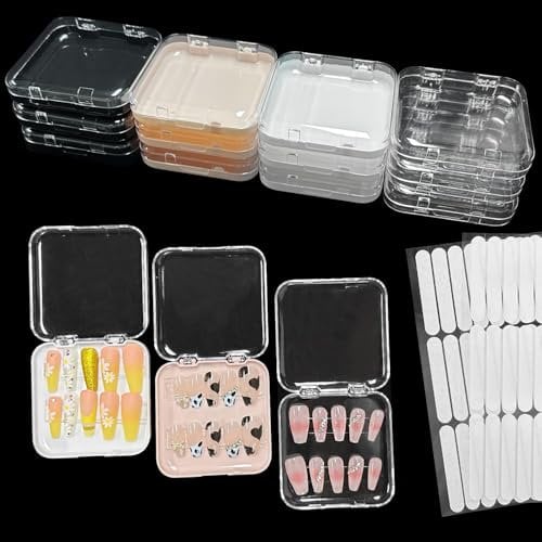 12 Pcs Press on Nail Storage Box with 60 Pcs Adhesive Double Sided Tape Acrylic Fake Nail Display Organizer Box Artificial False Nail Case Clear Plastic Nail Packaging Boxes for Home Salon Use