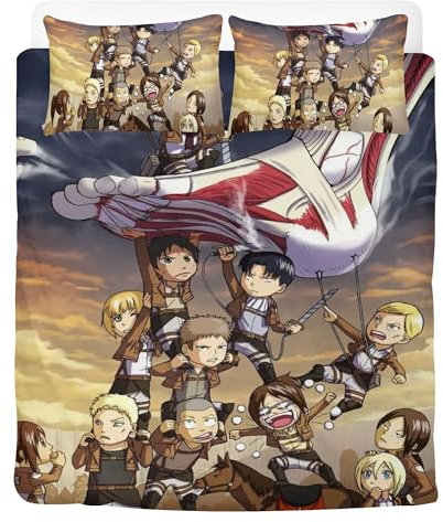 STARSAY Attack on Titan Bettwäsche 135x200 cm & 2 Kissenbezug 80x80 cm - Anime Bettbezüge aus Atmungsaktivem Mikrofaser, Superweiches Bettwäsche Set (AOT)