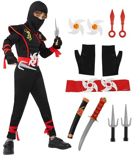 Kitimi Déguisement Ninja pour Enfants Garçons, Noir Rouge Ensemble de Ninja Costume avec Fléchettes Gants Dagues Épée Courte Ninja Cosplay Ensemble pour Halloween Fête de Kung Fu Carnaval Noël Party