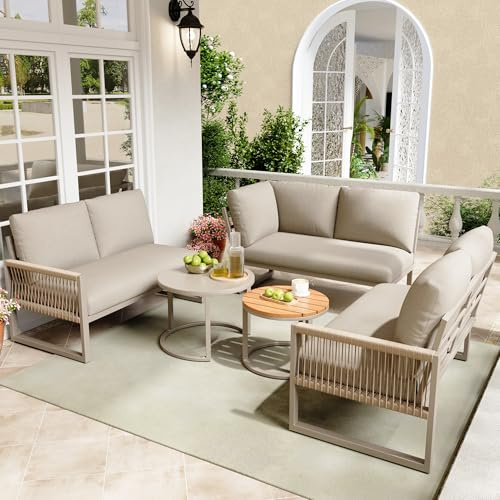 Merax Gartenmöbel Set 6-7 Personen, Sitzgruppe Gartenlounge Set mit Kissen und Sofatisch, Outdoor Ecksofa-Set aus verzinktem Eisen, handgeflochten Seil, wetterfest für Garten Balkon Terrasse, Beige