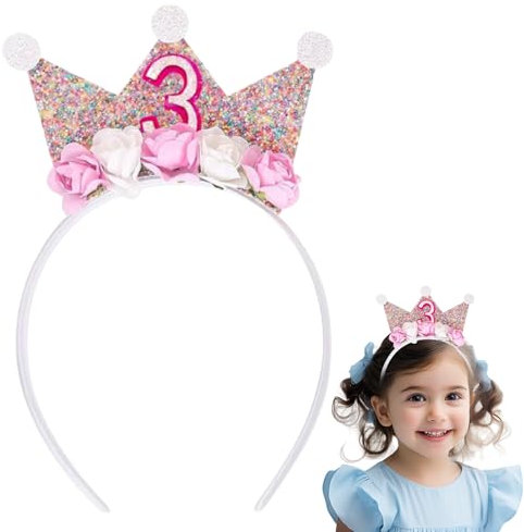 3 Jahr Geburtstagskrone Geburtstagsdeko Mädchen 3 Jahre,Krone 3.Geburtstag Mädchen,Geburtstag 3 Jahre Mädchen,Prinzessin Stirnband,Deko Kinder Birthday Party,Geburtstags-Stirnband mit Rose Blumen