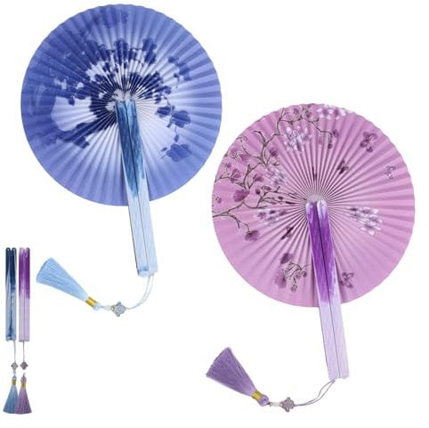 CYIOU 2 Pieces Hand Fan Folding Blue Purple Paper Fan Round Folding Fan Chinese Fan with Magnetic and Tassel Wedding Decoration Holiday Decoration Show Dance Party Home Decoration