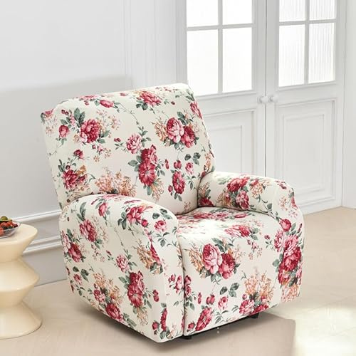 Odot Stretchhusse für Relaxsessel, 4-Teilig Komplett Sesselschoner, Elegante Botanische Drucke, Universal Stretch Sesselbezug Relaxsessel Sofabezug (Rote Rosen)