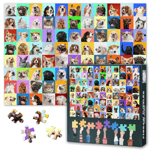1000 Piece Different Breeds Dogs Jigsaw Puzzles for Adults Dogs and Cats Jigsaw Puzzle Impossible Challenge Collection of Pet Puzzles Perfect for Family Game Night 27.5X19.7