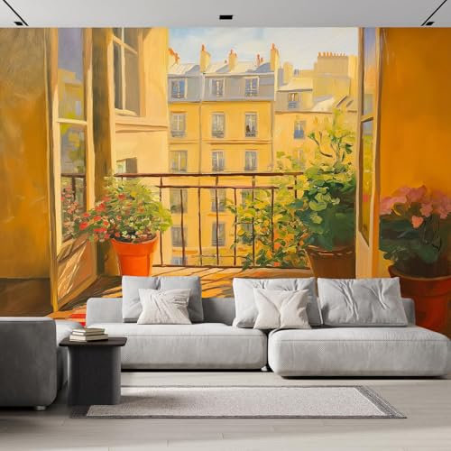 DLERFLOVR Papier Peint Vue Romantique De La Fenêtre Papier Peint Panoramique Soie Appartements À Paris Revêtement Murale pour Chambre Salon Décorative 450x315cm