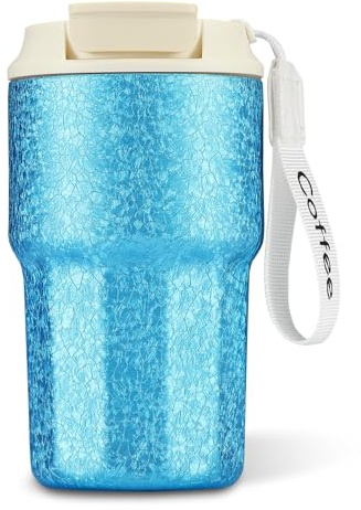16 OZ Vacuum Insulated Coffee Cup, Leak-Proof Stainless Steel Coffee Travel Mug, 2-in-1 Straw Flip Lid, Keep Hot and Cold (Ice Flower Blue)